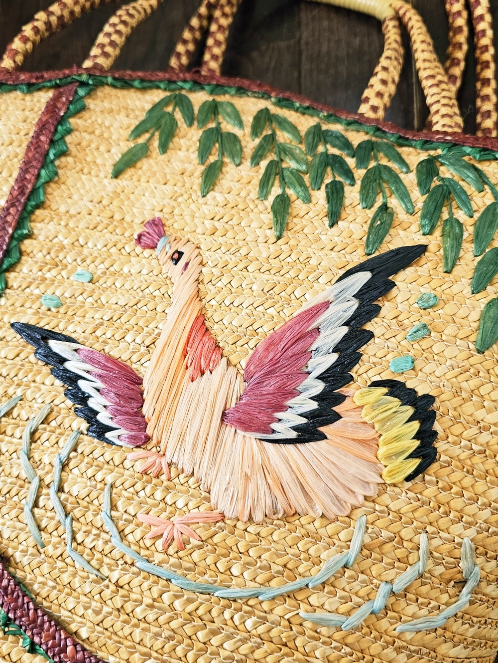 Vintage 1970s Embroidered Straw Tote Bag Beach Bag Bird & Willow Tree - Picture 10 of 14